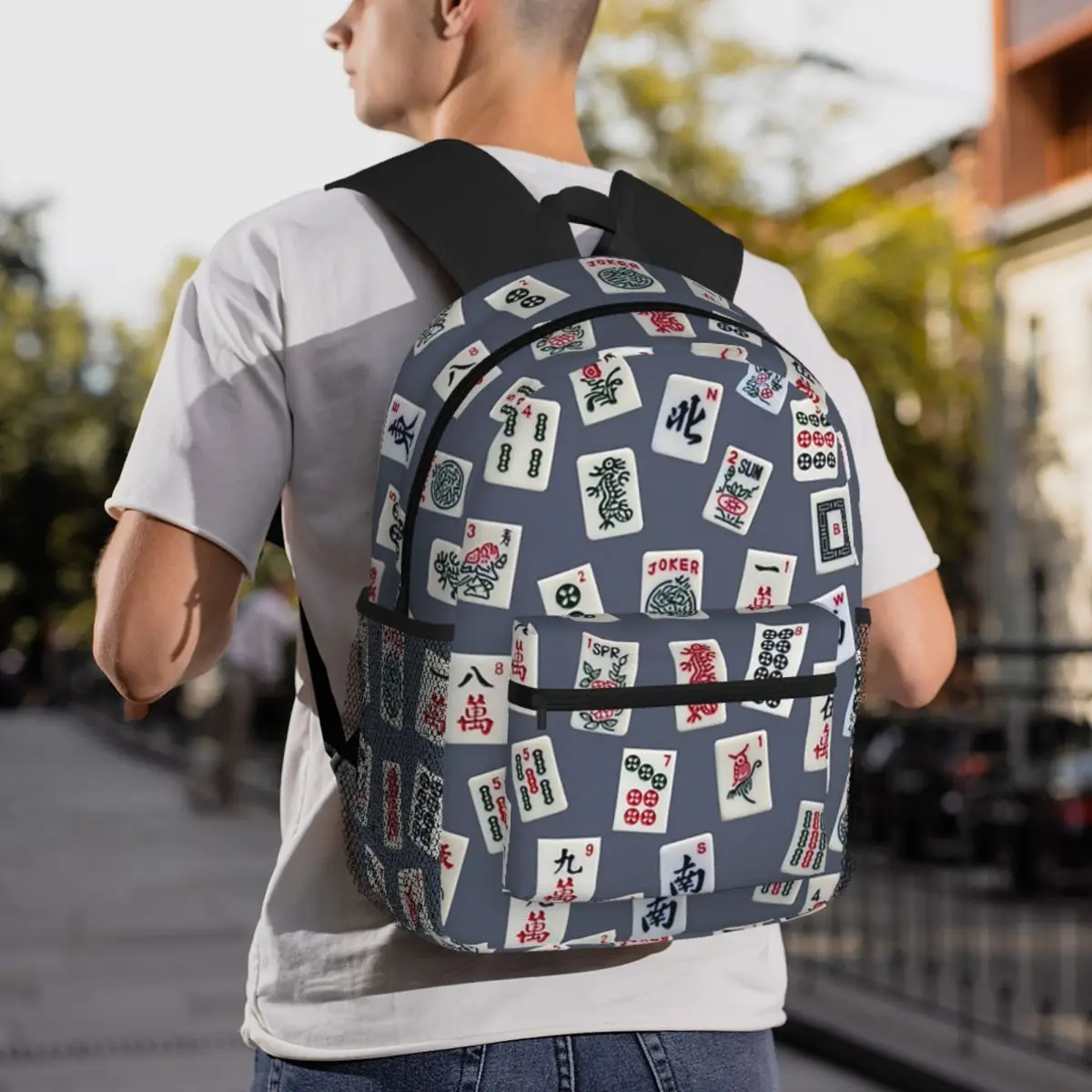 Mahjongg Game Tiles Design On Blue Color Backpack Student BookBag Kids School Bag Laptop Shoulder Bags for Men Women