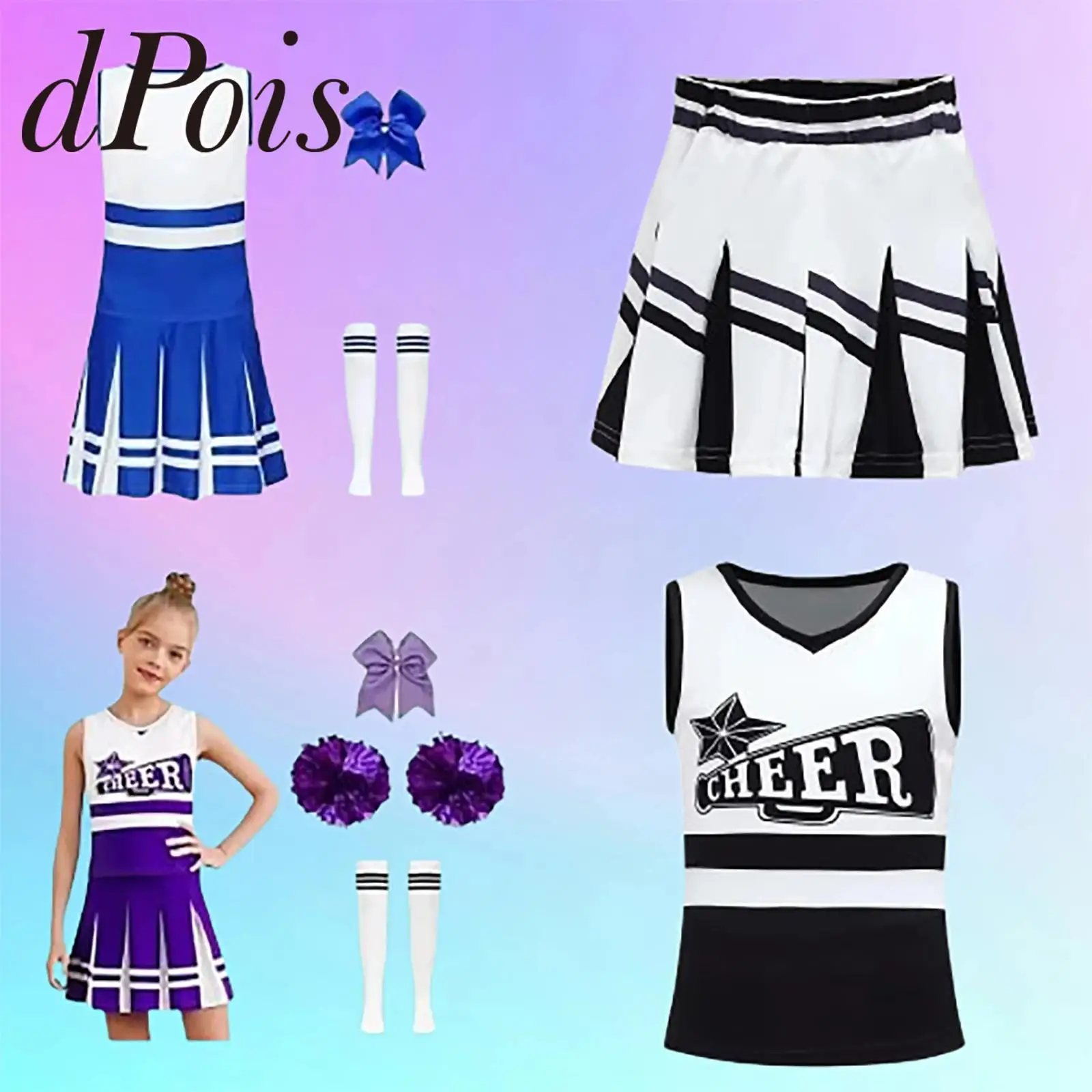 School Girls Cheerleading Costume with Flower Ball Children 5Pcs Cheer Leader Unifoms Clothes Sets Kids Cheering Team Outfits