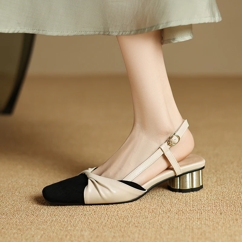 Summer Sandals Elegant Ladies Square Toe Pleated Pumps Spring Vintage Med Heel Shoes Beige Apricot Women Sandals