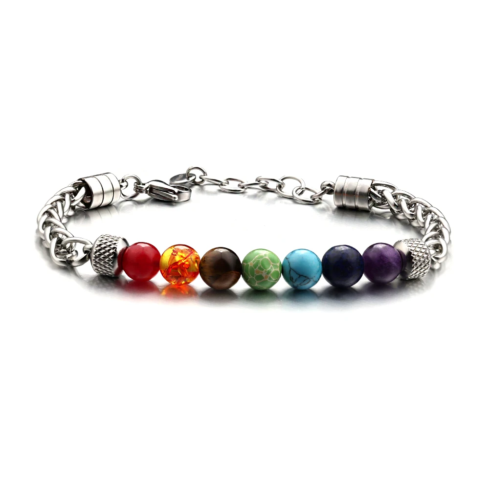 1pc 7 Colorful Chakra Stone Stainless Steel Chain Adjustable Men Women Yoga Energy Bracelet Gift For Good Friend