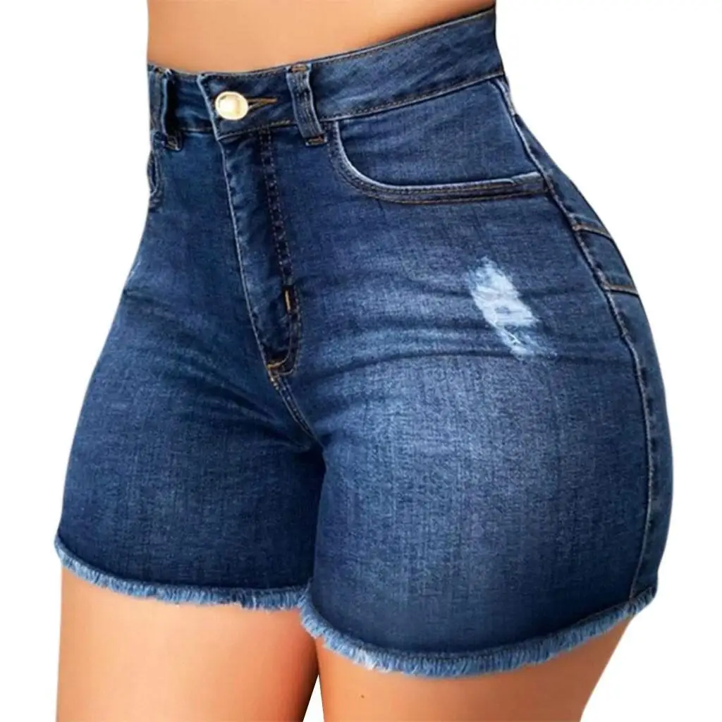 

New Washed-out, Ripped, Slim-fitting High-waisted Denim Shorts. Women's Summer Fashion Elastic Tassel Design Casual Tight Shorts