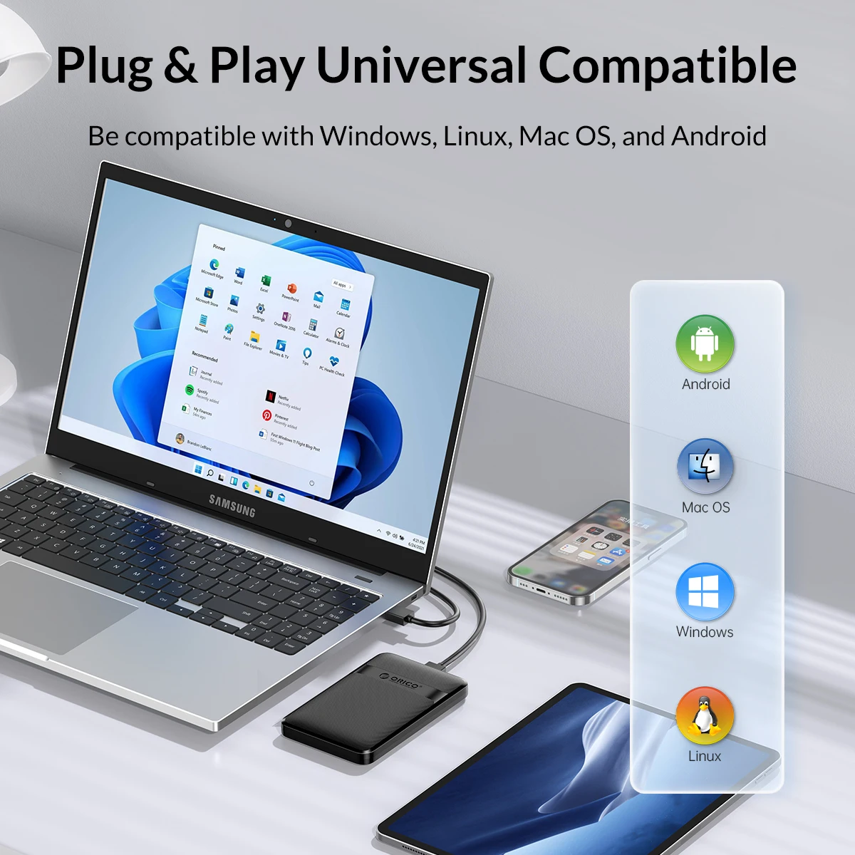 ORICO 2,5'' Festplattengehäuse Werkzeuglos 5Gbps USB zu SATA Externes Festplattengehäuse für 2,5 Zoll 7mm 9,5mm SSD HDD Max 6TB – Detail 8