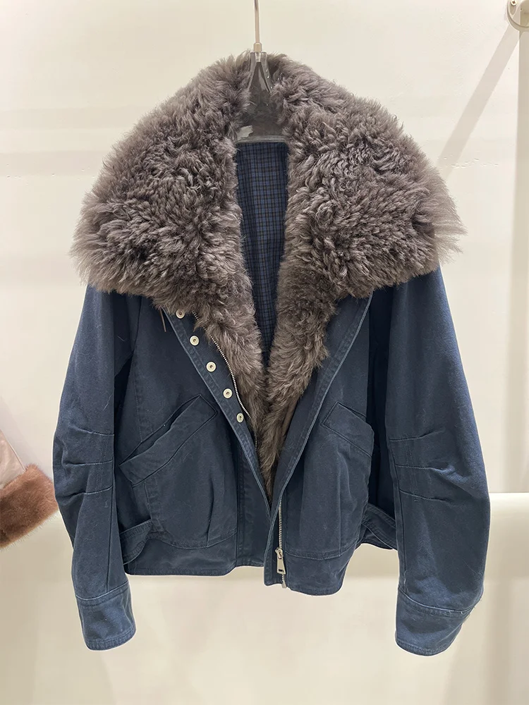 Neue frauen Winter Gans Unten Jacke Denim Jacke Echte Natürliche Lamm Schafe Pelz Kragen Mäntel Luxus Weibliche Outwear Kleidung
