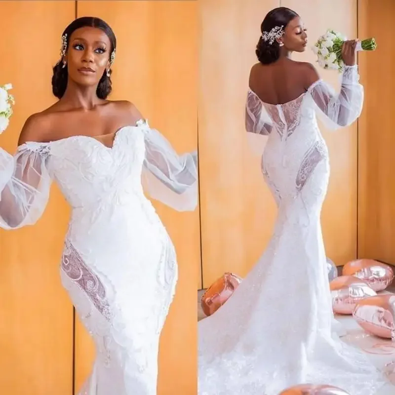 Customized Off The Shoulder Sleeve African Bridal Dresses Sexy Illusion Long Wedding Gowns With Lace