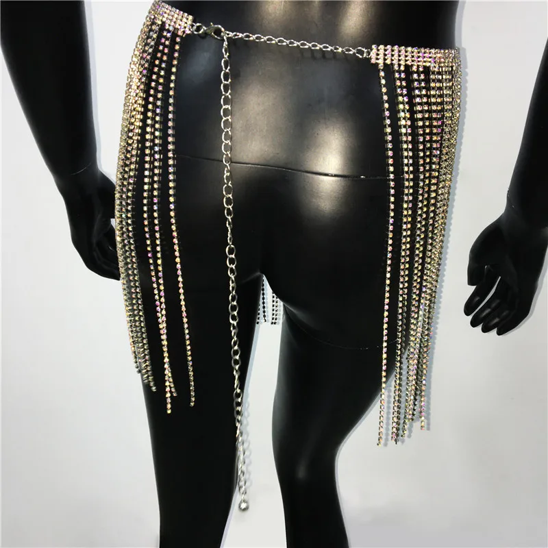 Luxury Full Rhinestone Fringe Skirt Sexy See Through Nightclub Party Mini Skirts Glitter Diamond Festival Rave Waist Body Chain