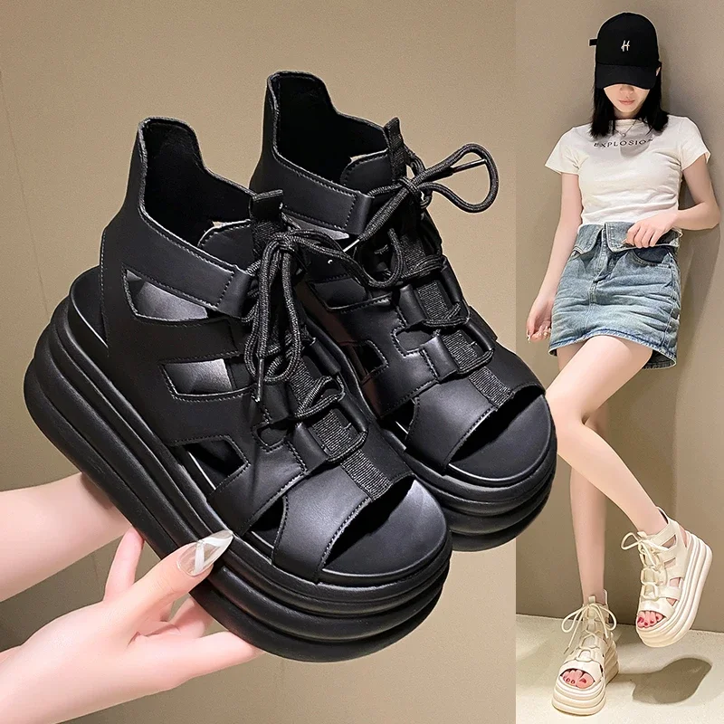 8.5CM Thick Bottom Gladiator Shoes Woman New Summer Chunky Sneakers High Platform Sandals Hollow Out Wedge Heels Beach Sandalias