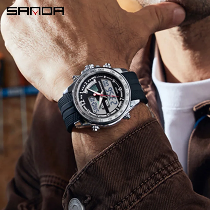 SANDA 3307 orologio da uomo moda elegante multifunzionale Business rotondo al quarzo elettronico doppio Display orologi con cinturino in acciaio
