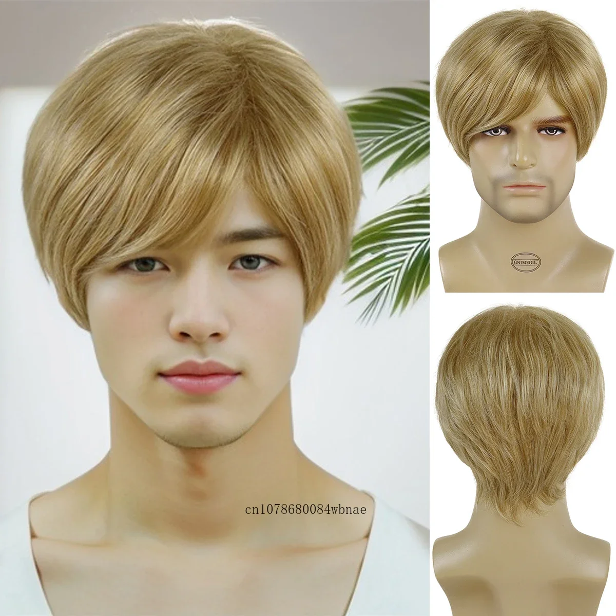 Wig pria rambut sintetis Wig lurus pendek pirang untuk pria sehari-hari Anime Cosplay pesta Halloween menggunakan tahan panas