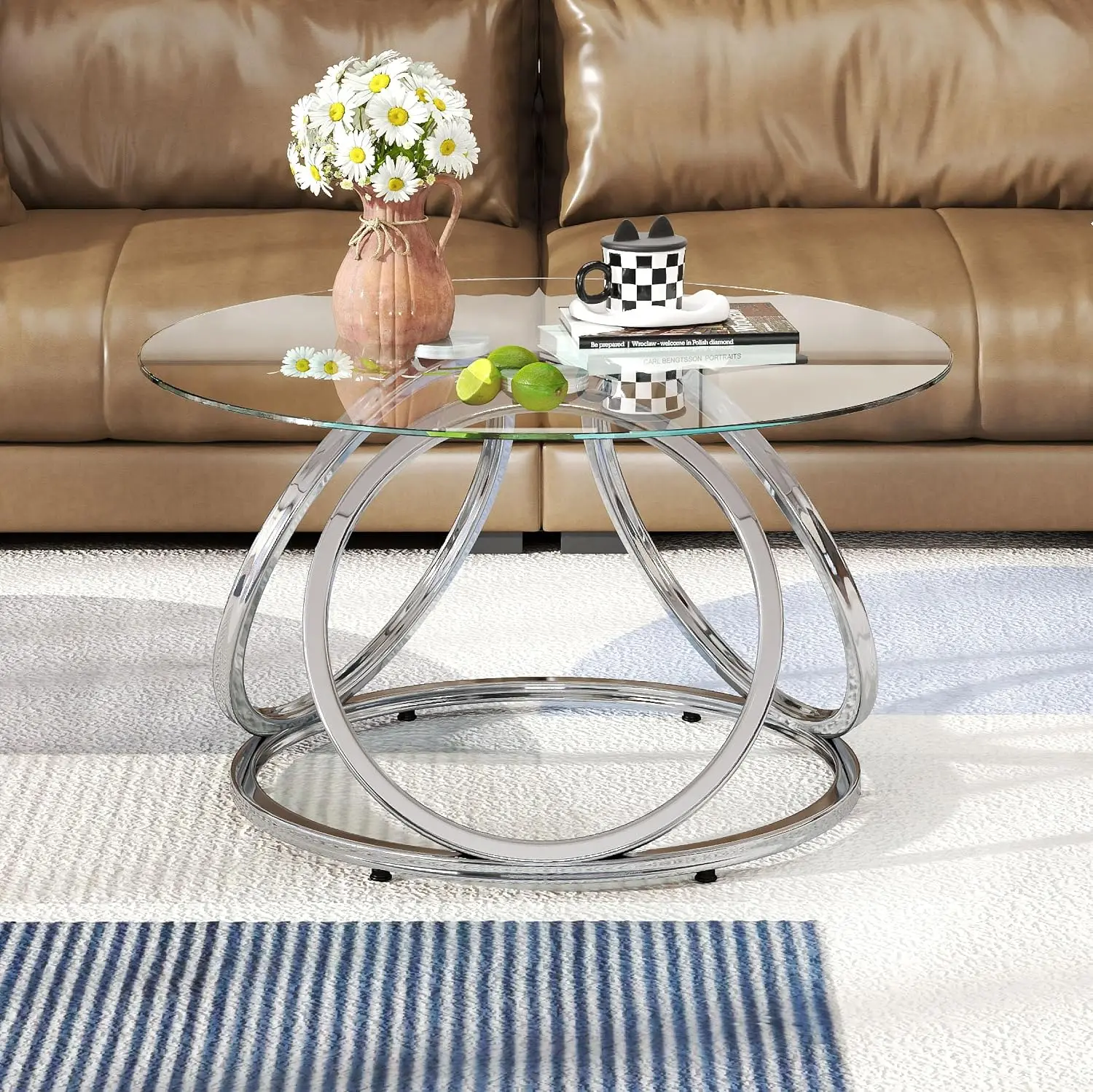 Silver Glass Coffee Table with Ring-Shaped Metal Frame for Living Room & Office, Chrome Finish, 1 PC, Customized