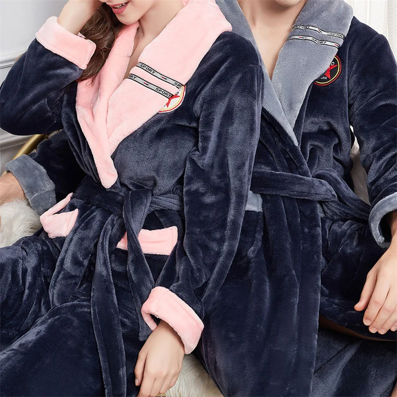 Plus Size 3XL 4XL Couple Flannel Robe Kimono Bathrobe Gown Thickened Coral Fleece Sleepwear Female Long Nightgown Loose Homewear