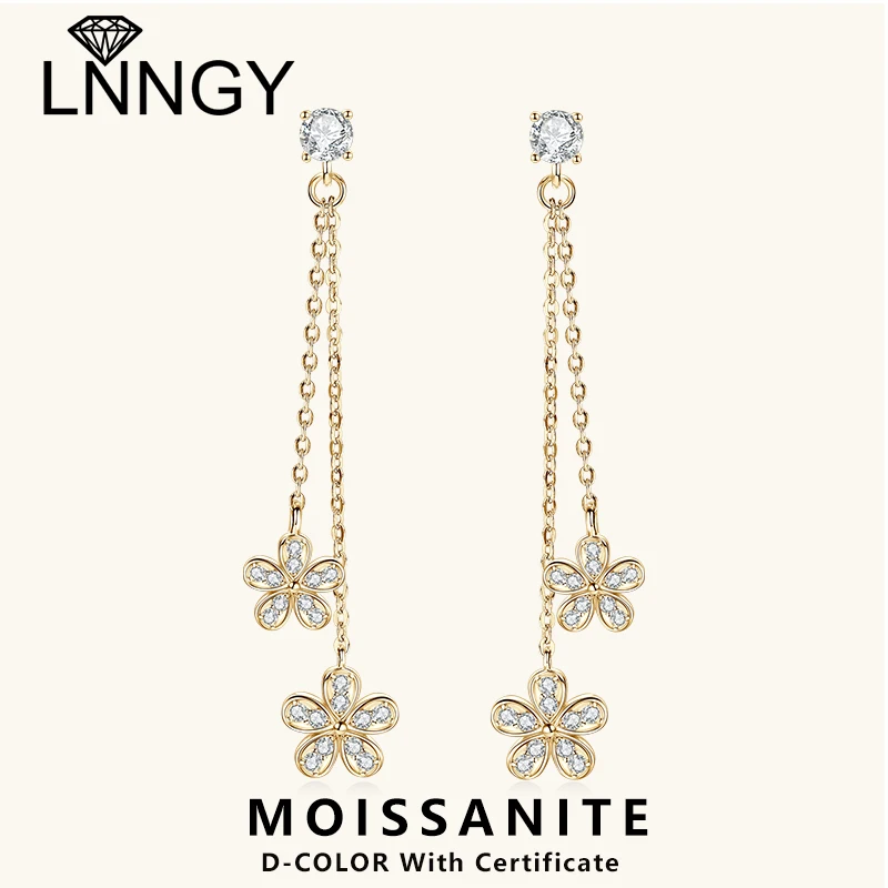 

Lnngy 4mm Moissanite Flower Dangle Earring For Women Girls Original 925 Sterling Silver Chain Tassel Earring Fashion Jewelry
