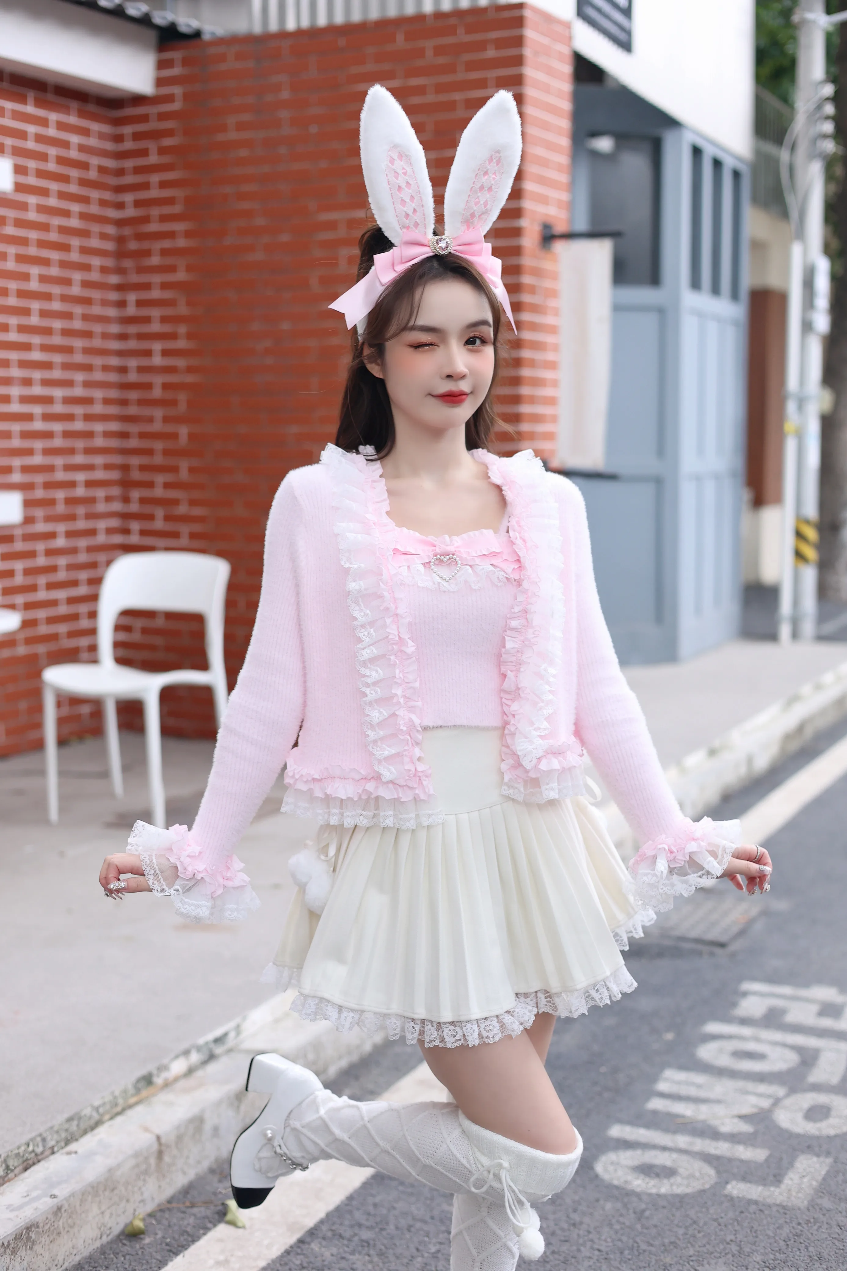 Princess Lolita Lace Edge Mohair Sweater Cardigan Bow Heart-Shaped Slim-Fit Short Sling Autumn Women\'s Knit Top Two Piece Set