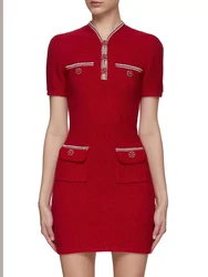 Red knitted hip dress temperament elegant diamond buttons decorated short-sleeved women's dress 2024 Autumn New