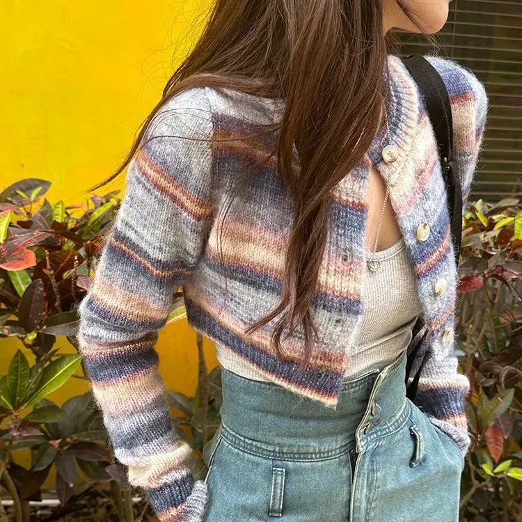 

Contrast Color Striped Short Sweater Coat Women Autumn Vintage Slim Long Sleeve Knitted Cardigan Fashion Y2k Spicy Tops