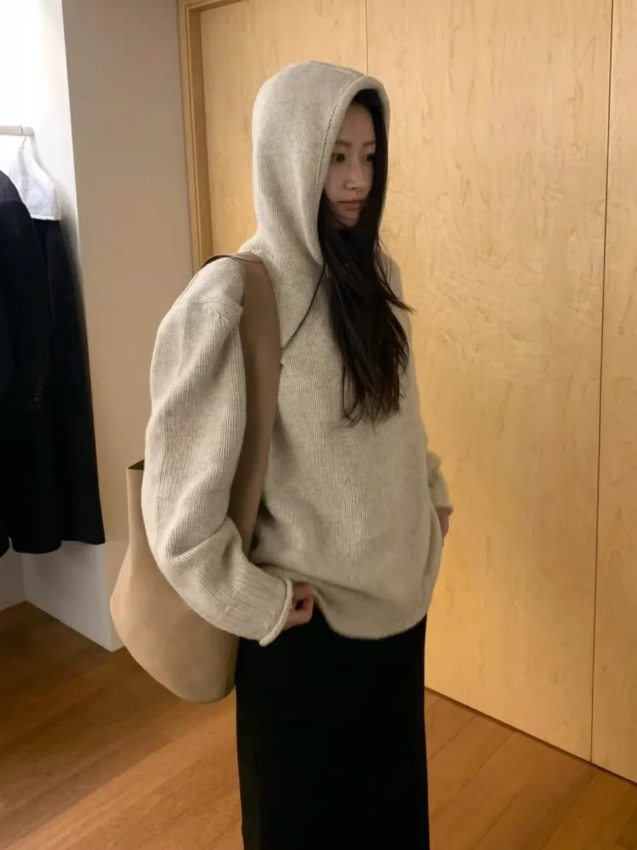 

Lfm Casual Pure Color Merino Wool Knitted Hat Sweatirt Women's Faionable Commute Sle Mid-Length Warmth-Building