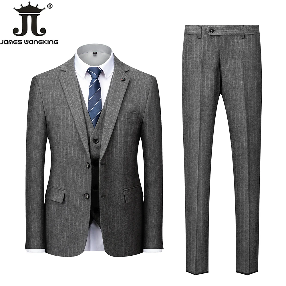 ( Jacket + Vest + Pants ) Luxury Boutique Striped Men\'s Formal Casual Business Office Suit Groom\'s Wedding Dress Plaid Suits