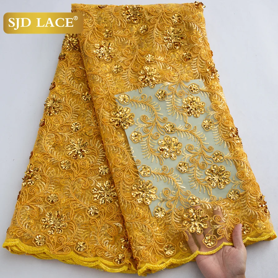 

SJD LACE Gold African Sequins Net Lace Fabrics 5 Yards Women Dress 2024 Latest French Nigerian Mesh Lace for Sewing Dresses 4056