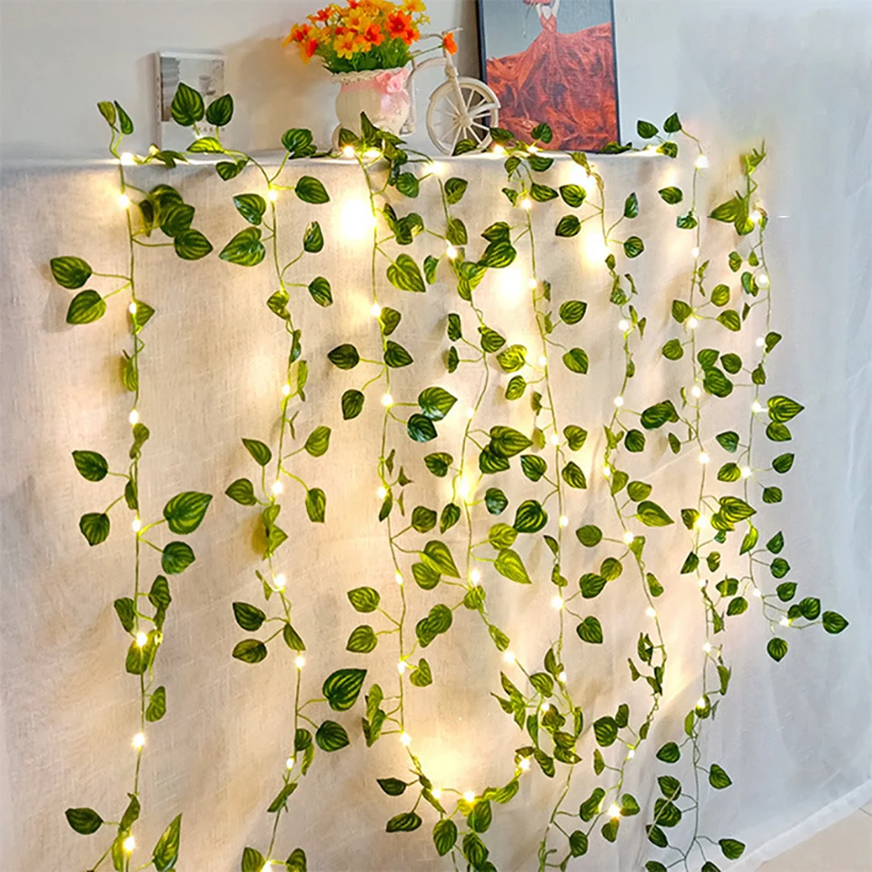 2M/5M/10M 100LED Leaf Battery-operated Ivy Vine LED Fairy String Lights Garland Lamp for Outdoor Christmas Wedding Party Decor