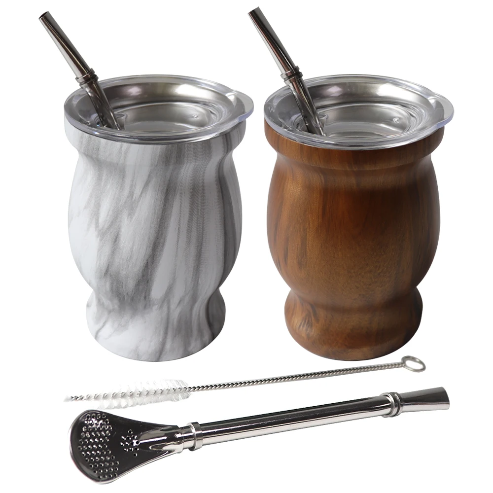 230ML Yerba Mate Set Includes Double Walled 18/8 Stainless Steel Mate Tea Cup One Bombilla Mate (Straw),a Cleaning Brush