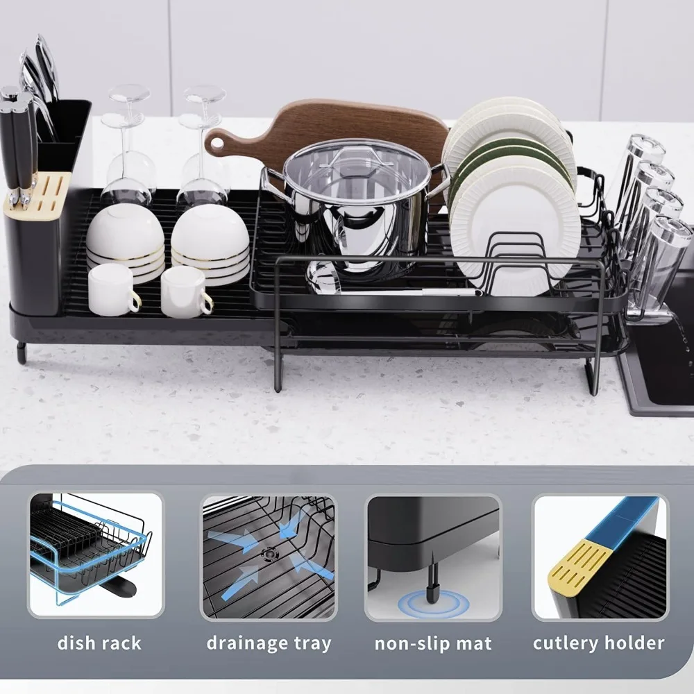 Runnatal Grande Prato Secagem Rack com Drainboard Set, extensível Prato Rack, Suporte Utensílio, Suporte Cup, Expansível Escorredor De Prato