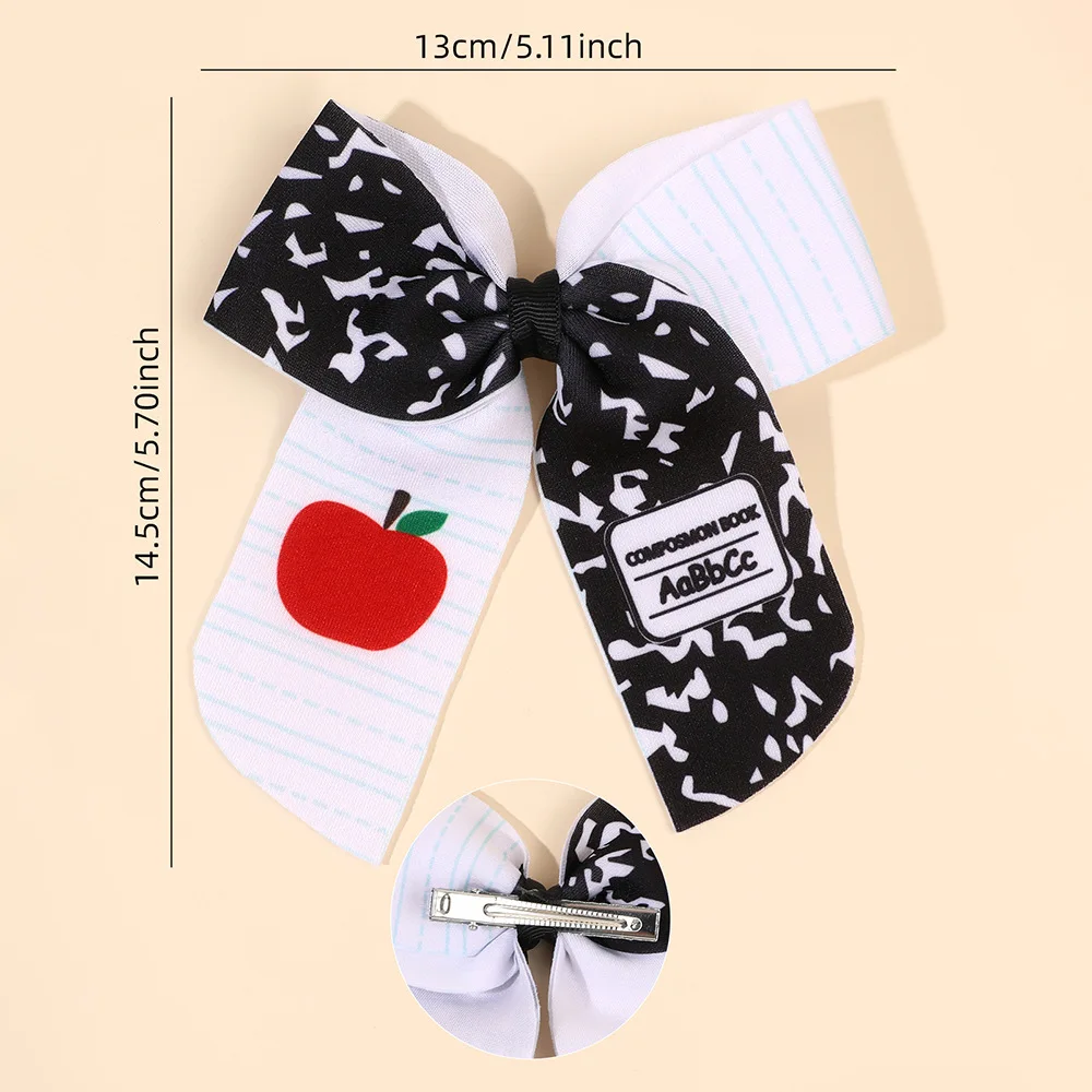 Striped Print Bow Hair Clip with Pencil Crayon Apple Decorations Long Tassel Hairpins for Girls Back to School Season  Accessory