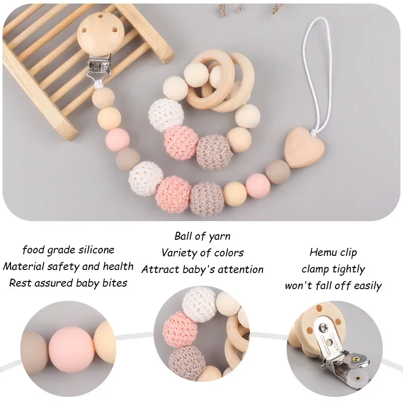 1-2pcs Baby Pacifier Clip Wooden Teethers Bracelet Set Silicone Beads Babies Soothe Nipple Teething Toys Anti-lost Chain Newborn