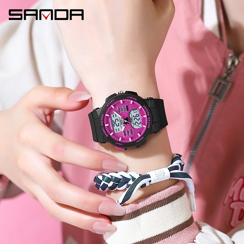 SANDA Top Luxury Women Quartz Watches Waterproof Luminous Countdown Ms Outdoor Sport Watch Dual Display Electronics Wristwatch