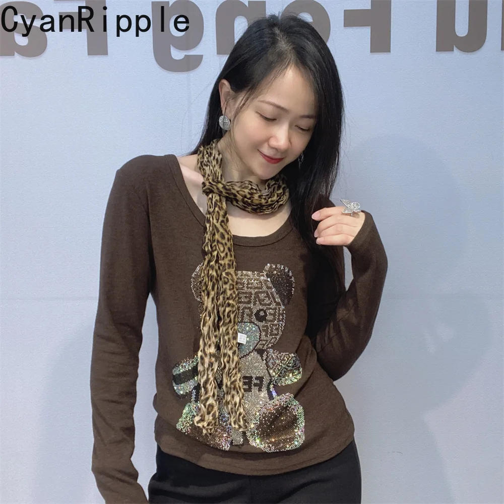 Trendy New Autumn Winter Black Long Sleeve T-shirt Cartoon Hot Diamonds Round Neck Pullover Top High Stretch Slim Basic Tees