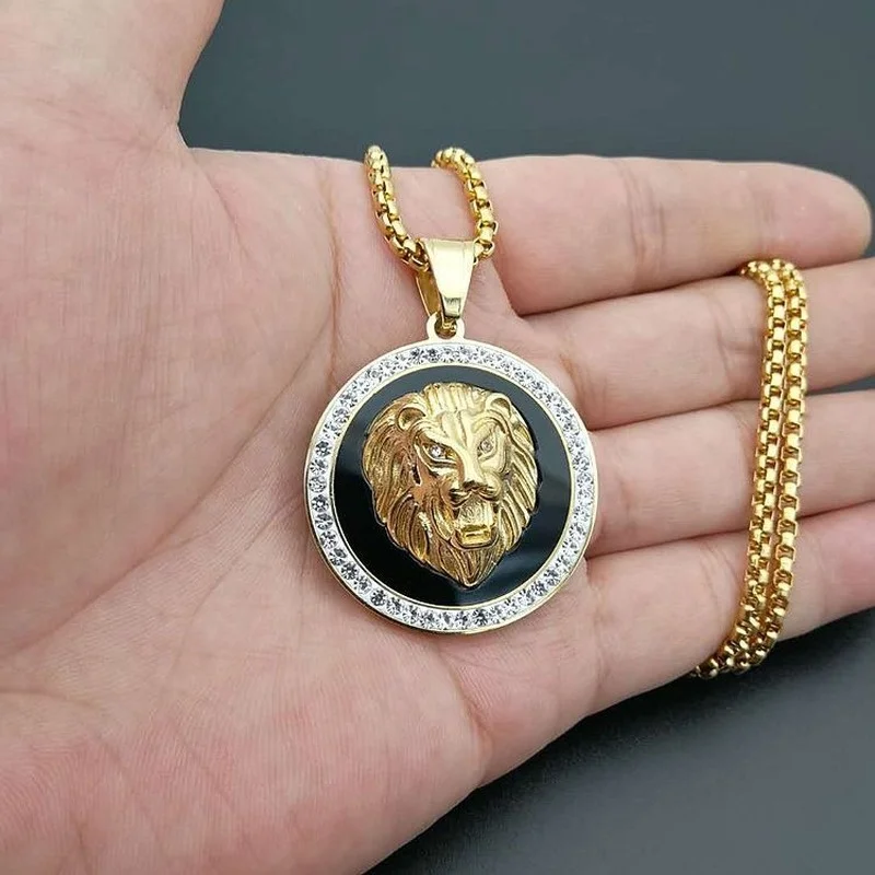 Men's Fashion Titanium Steel Gold Plated Rhinestones Lion Head Animal Pendant Necklace Hiphop Punk Personality Jewelry