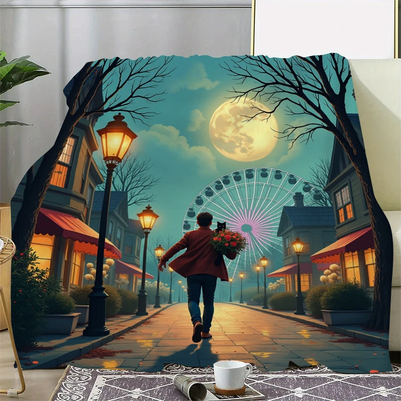 Valentine's Day Present Throw Blanket Red Roses with Cat Meet His Lover 3D-Print Plush Soft Fluffy Blanket Gift for Your Lover