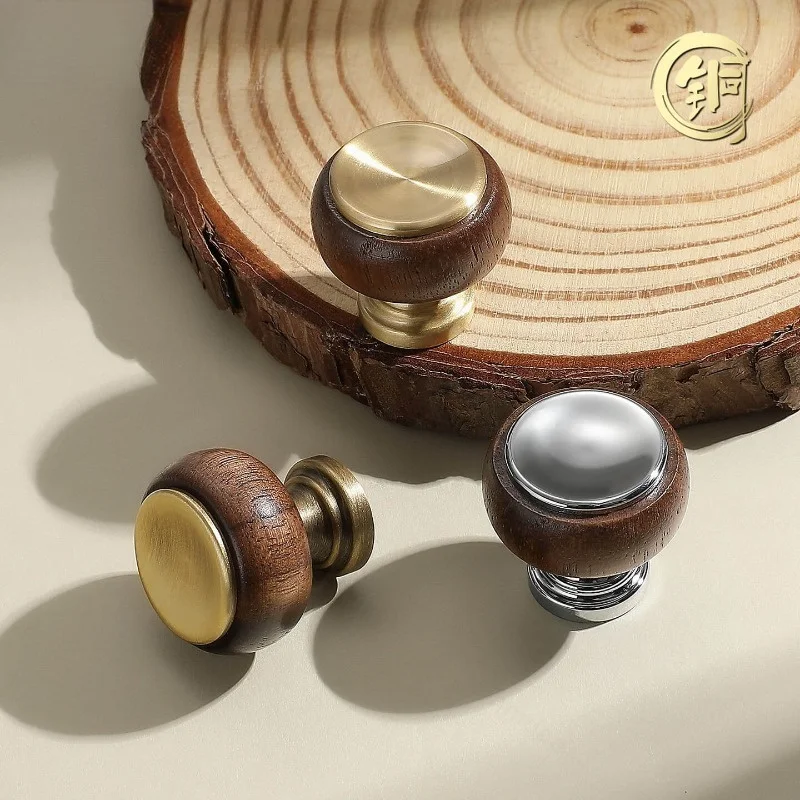 Vintage Brass Walnut Cabinet Knobs Mid‑Century Round Single Hole Drawer Pulls for Wardrobe Cupboard Furniture Hardware