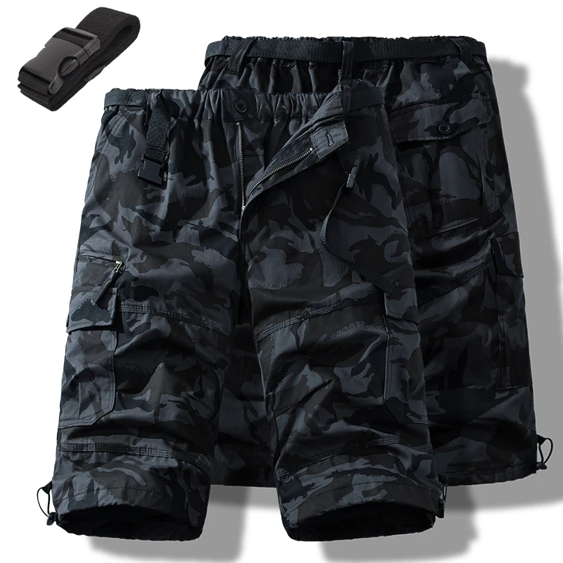 Man Shorts Casual Pants Light Weight Cotton Long Shorts Below Knee 3/4 Pants Elastic Waist with Belt Cargo Shorts