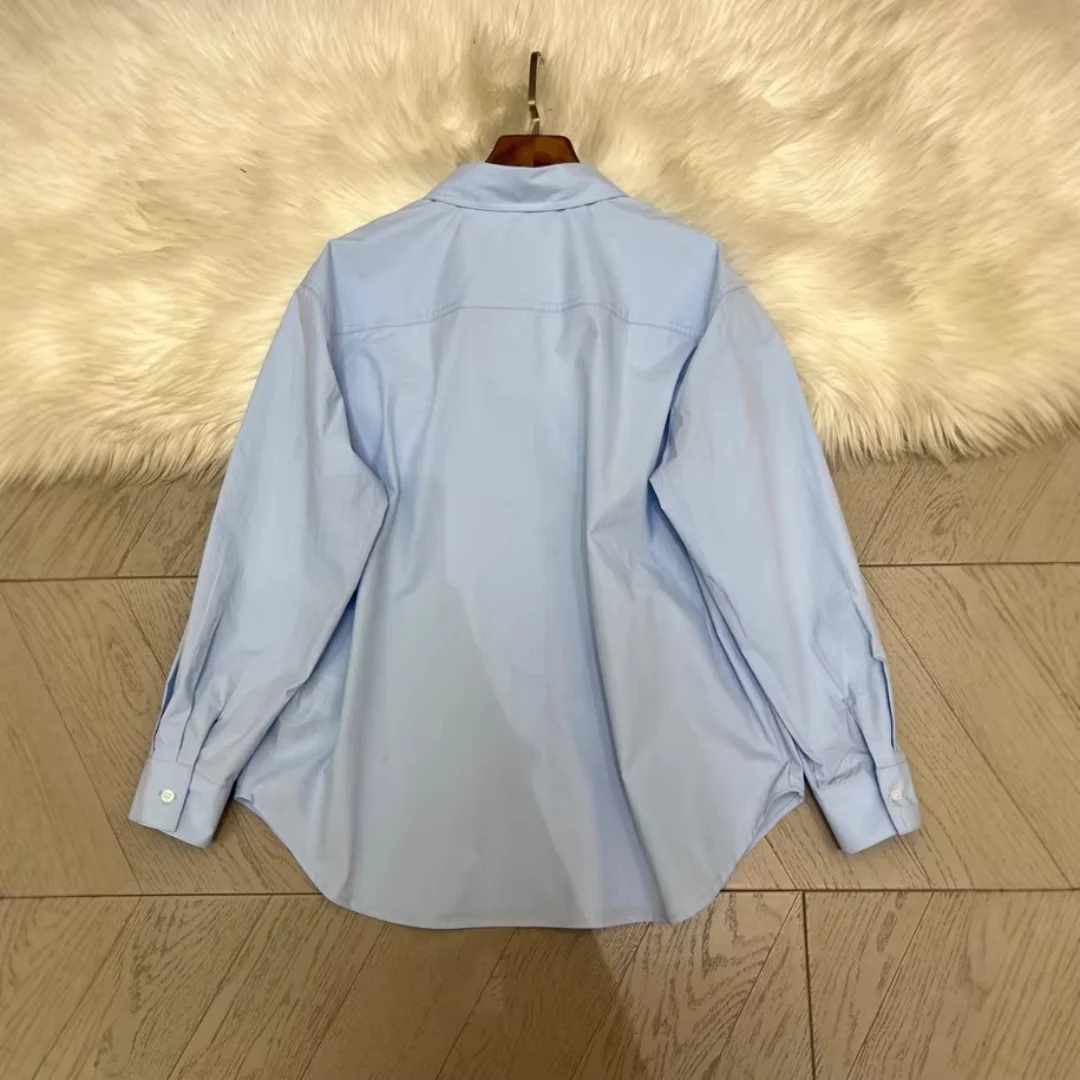 Women Summer New Irregular Pocket White Lapel Long Sleeve Loose Blouse