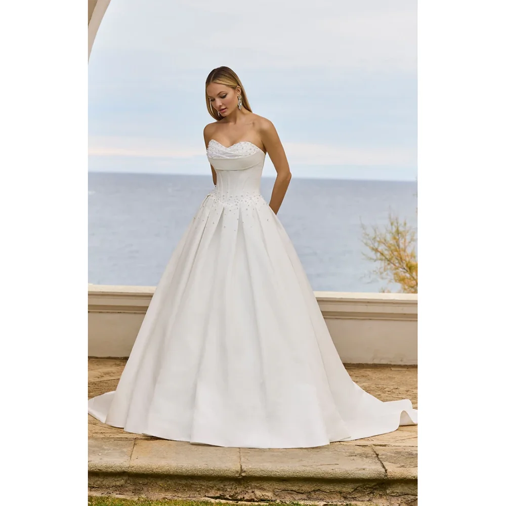

Luxury Pearls Wedding Dresses Customized Sweetheart Neck A Line Sweep Train Vestido De Noiva A Line Bridal Gown for Bride 2026