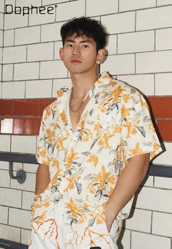 2026 Summer Men StreetWear polo Collar Short Sleeve Shirt Yellow Floral Print Loose Casual Vacation Beach Holiday Oversized Top