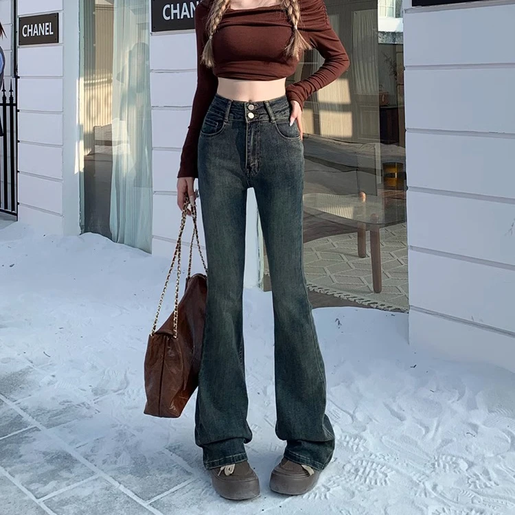 Cement gray micro flare jeans female spring new double-button high waist belly elastic tight thin horseshoe pants