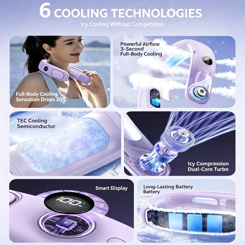 Bladeless Neck Fan USB Rechargeable Semiconductor Cooling Wearable Fan Hands Free Portable Mini Fan Outdoor Travel Device