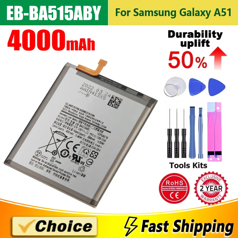 EB-BA515ABY, batteria al litio del telefono di ricambio nuova di zecca + strumento, per batteria ricaricabile Samsung Galaxy A51 + strumento, 4000mAh ,0 ciclo