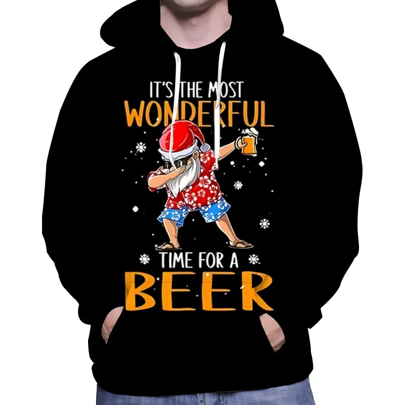 

Funny Christmas Men's Hoodies Autumn Long Sleeves Beer Santa Claus Graphic 3D Print Sweatshirts Breathable Oversized Men Clothes