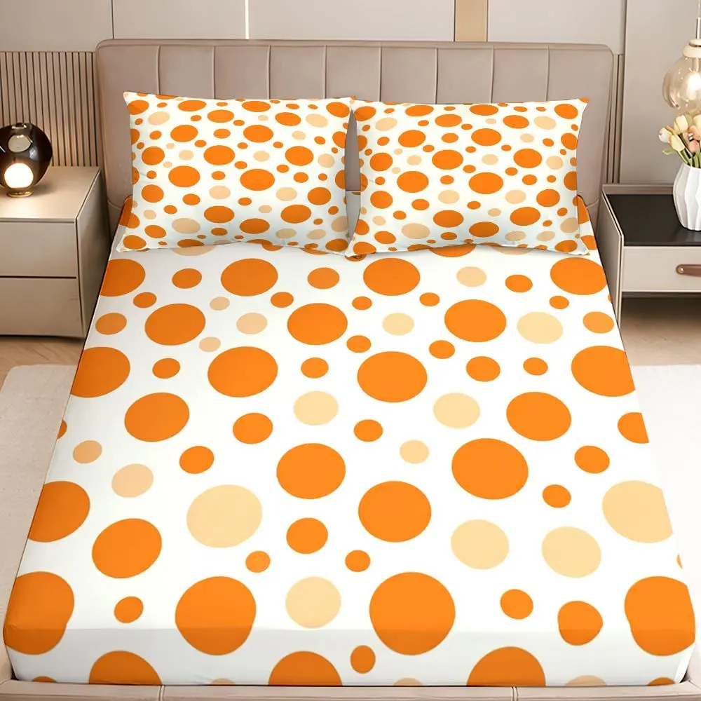 Orange polka dot fitted sheet set for queen, king, and full-size beds, 2D digital print three-piece bedding set (includes 1 fitted sheet + 2 pillowcases), mattress protector, fitted elastic-style mattress cover, mattress protector, fitted bedding set