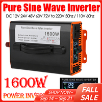 Pure Sine Wave Inverter 1600W 12/24/48V TO 220V 110V Voltage Converter LED Display High Power Power Inverter Power Car Inverter