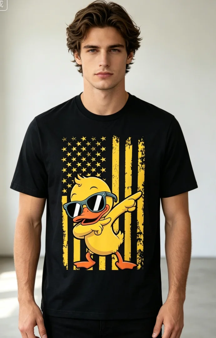 Graphic Duck Retro T-Shirt American Flag Dabbing Duck T-Shirt