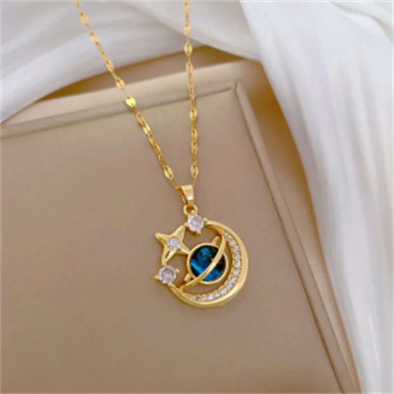 

Exquisite Blue Plant Full Rhinestone Moon Pendant Necklace For Women Elegant Zircon Stars Chain Necklace Banquet Party Jewelry