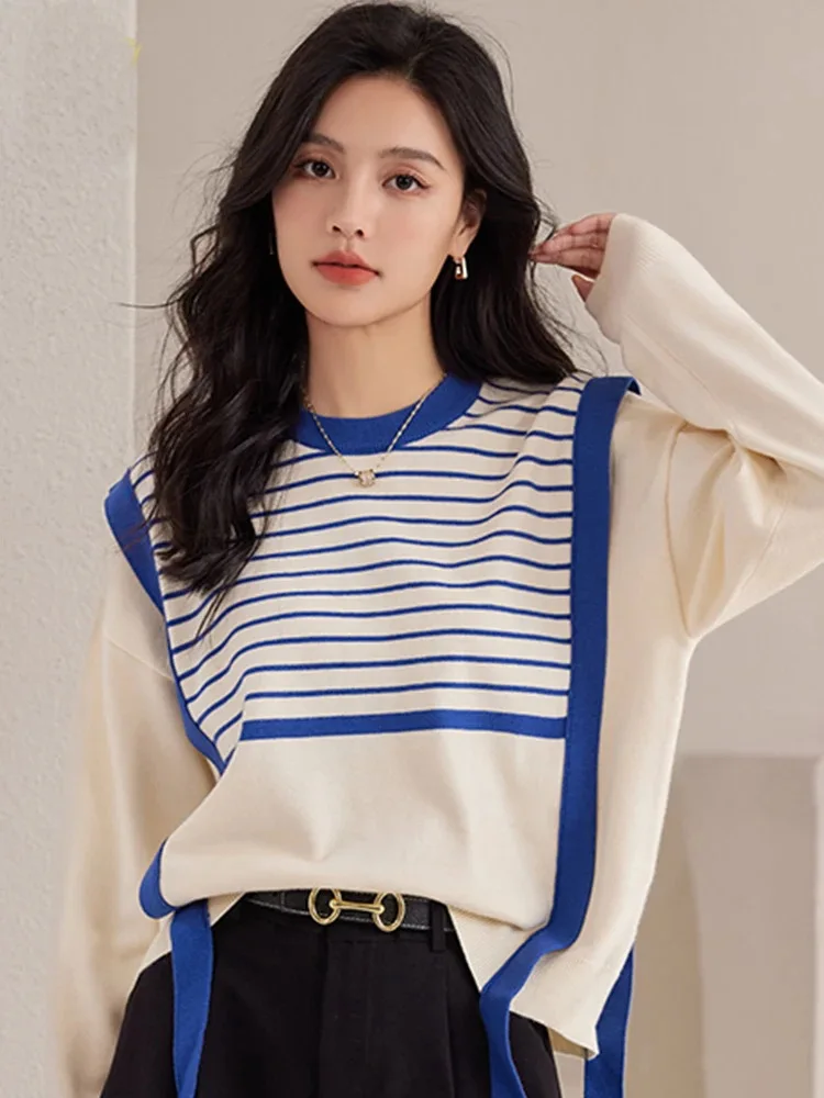 Pullovers Sweater Women 2023 Autumn Winter Vintage Lazy Loose Stitching Fake Two Pieces Long Sleeve Striped Knitwear Tops Female