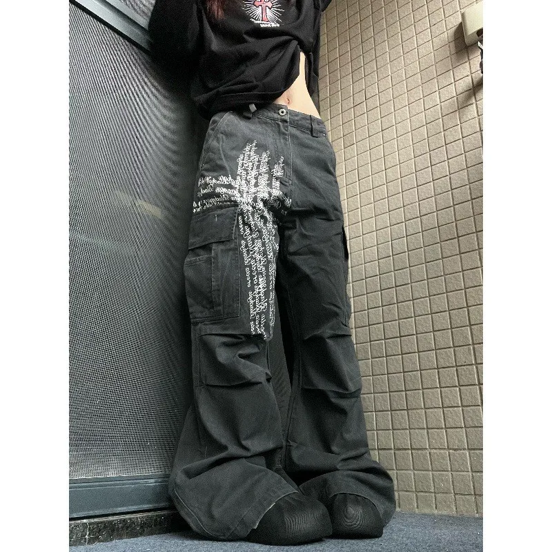 

American Sle Work Pants Multi-ket Wide Leg Straight Cut Men's Women's Streetwear Cross Print Casual Trousers