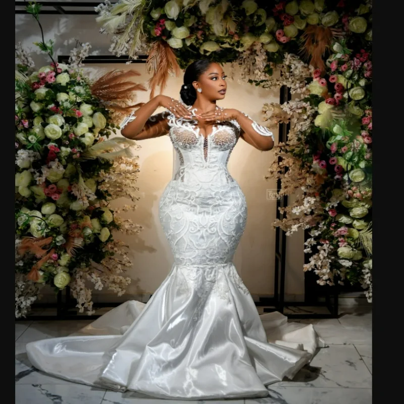 تخصيص شير الرقبة تسلق الخرز التطريز حورية البحر فستان الزفاف رداء دي ماري طويلة الأكمام الوهم الخلفي ثوب الزفاف