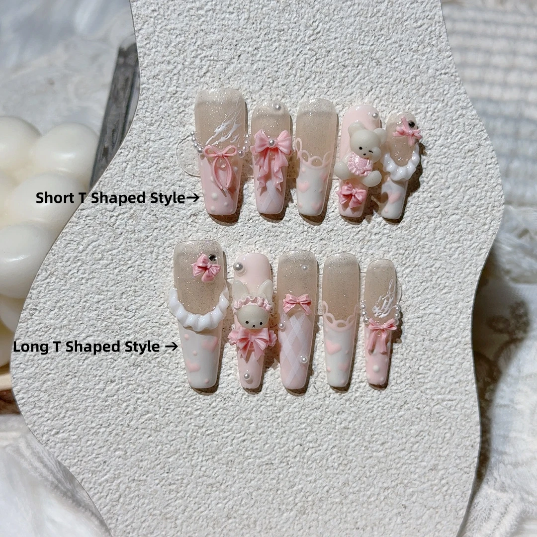 10Pcs Cute Pink Sugar Bear Fake Nails with Bowknot Decals Long T Shaped Handmade False Nails for Women Girls Party Wearing