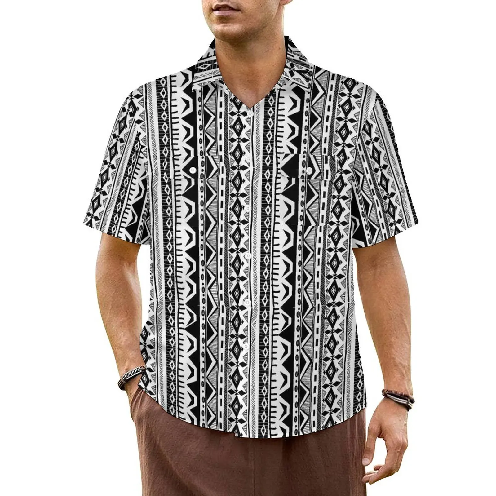 

Tribal Print Casual Shirt Black and White Stripe Classic Summer Shirts Male Short Sleeve Beach Street Graphic Oversize Blouses