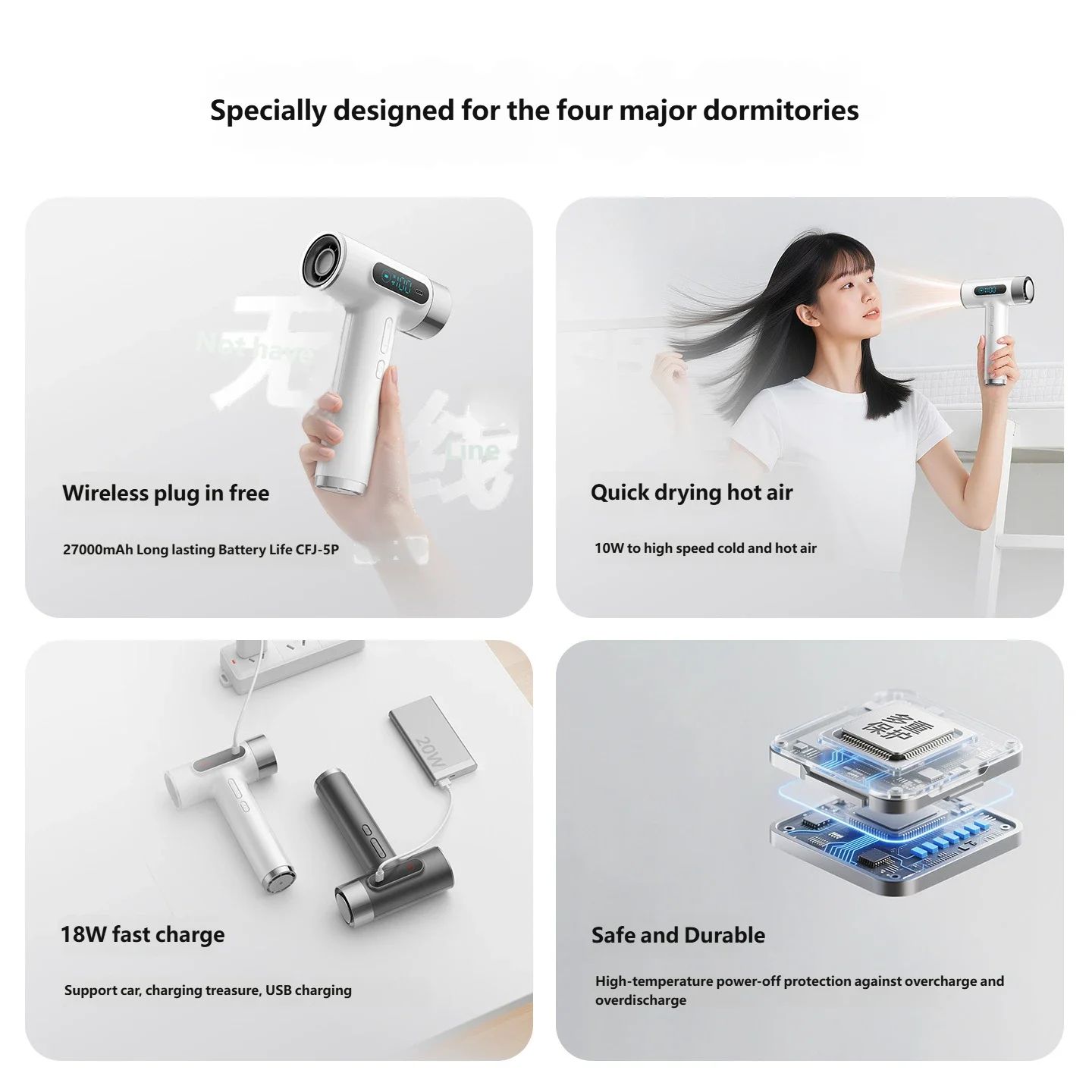 HOMEFISH Wireless USB Charging Hair Dryer for Students High Wind Power Air Volume Portable Hairdryer for Dormitory Use