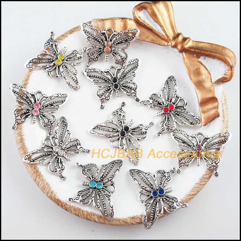 

Fashion 10Pcs Tibetan Silver Plated Animal Butterfly Mixed Crystal Charms Pendants 21x27.5mm